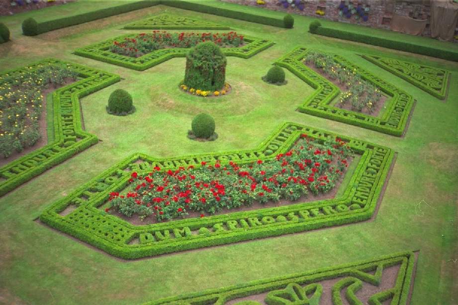 Aerial view of garden showing family motto Endure Forte (Endure with strength)